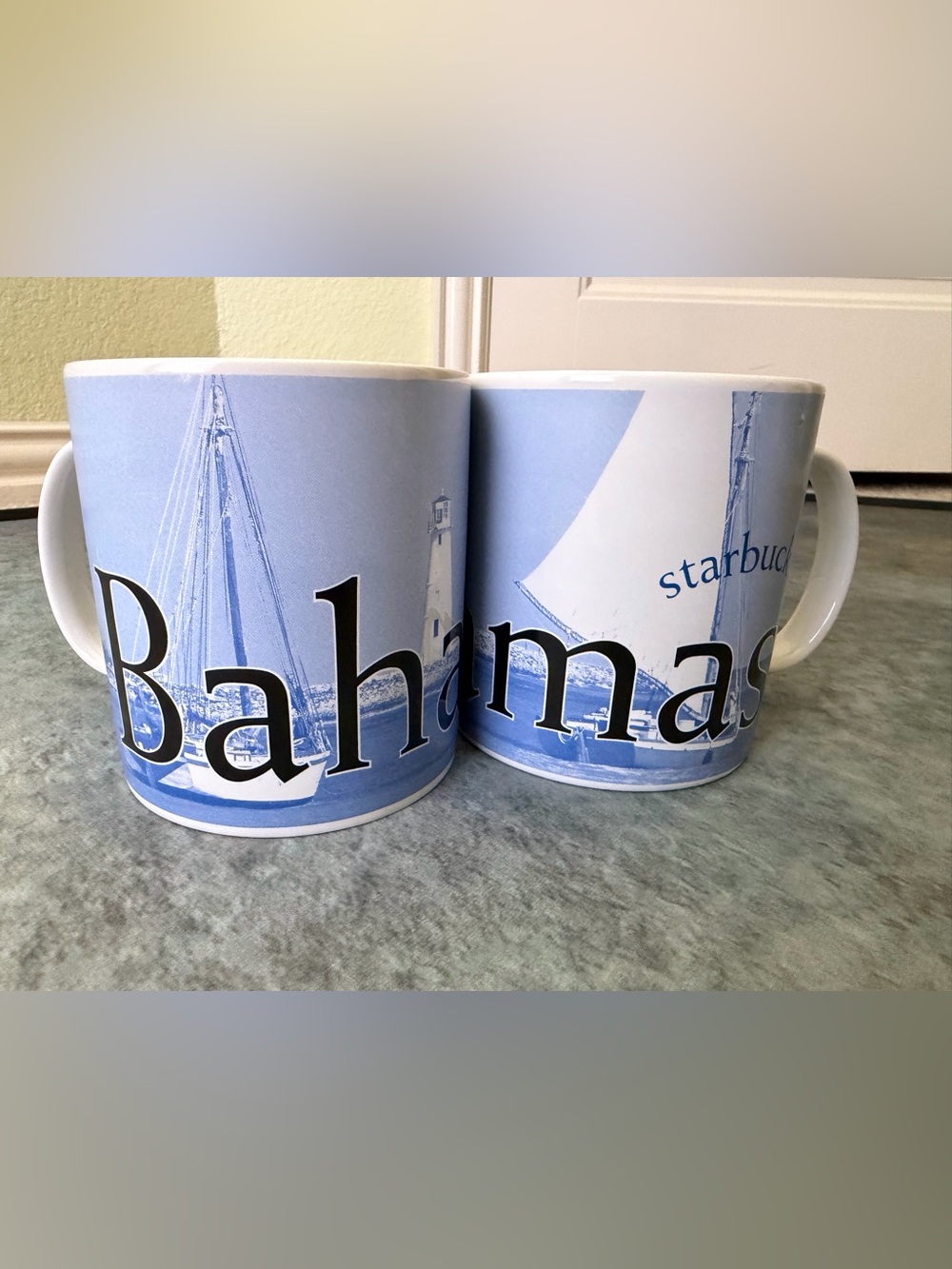 2005 Starbucks Bahama Blue Sailboat Ceramic 20 oz Mug Pair